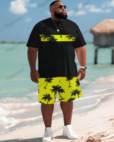 Big Men's Hawaiian Tropical Yellow Coconut Tree Patchwork Print Short Set